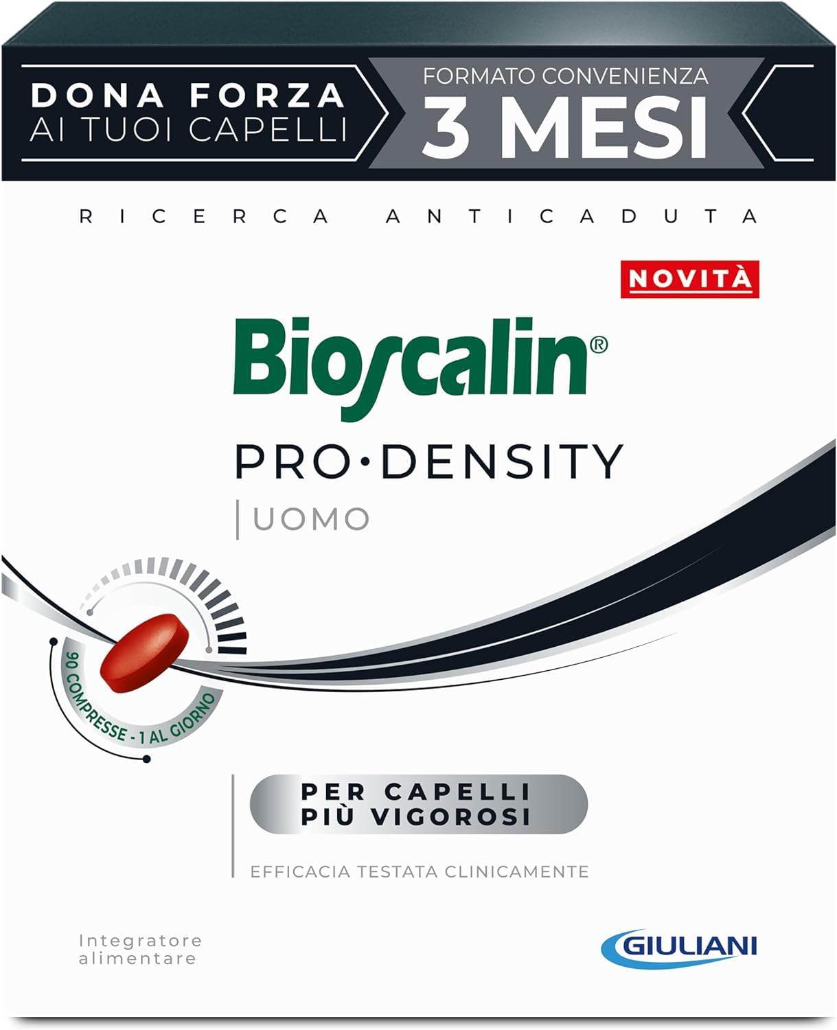Bioscalin PRO•DENSITY Uomo, Integratore Alimentare per Capelli con Caffeina, Favorisce la Forza dei Capelli, Senza Glutine, Naturalmente senza Lattosio, Utilizzo 3 Mesi, 90 Compresse
