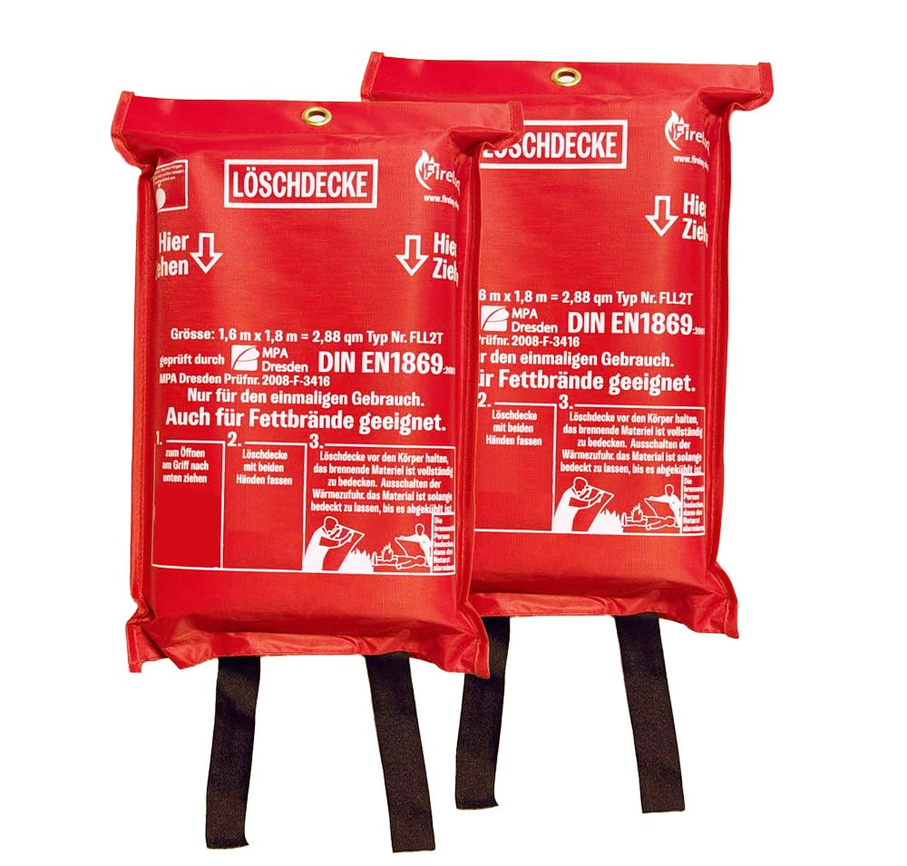 2X Feuerlöschdecke 1,6m x 1,8m DIN EN 1869:2019 Extra Große Löschdecke für Küche, Auto, Industrie Brandschutzdecke in Flexibler Tasche