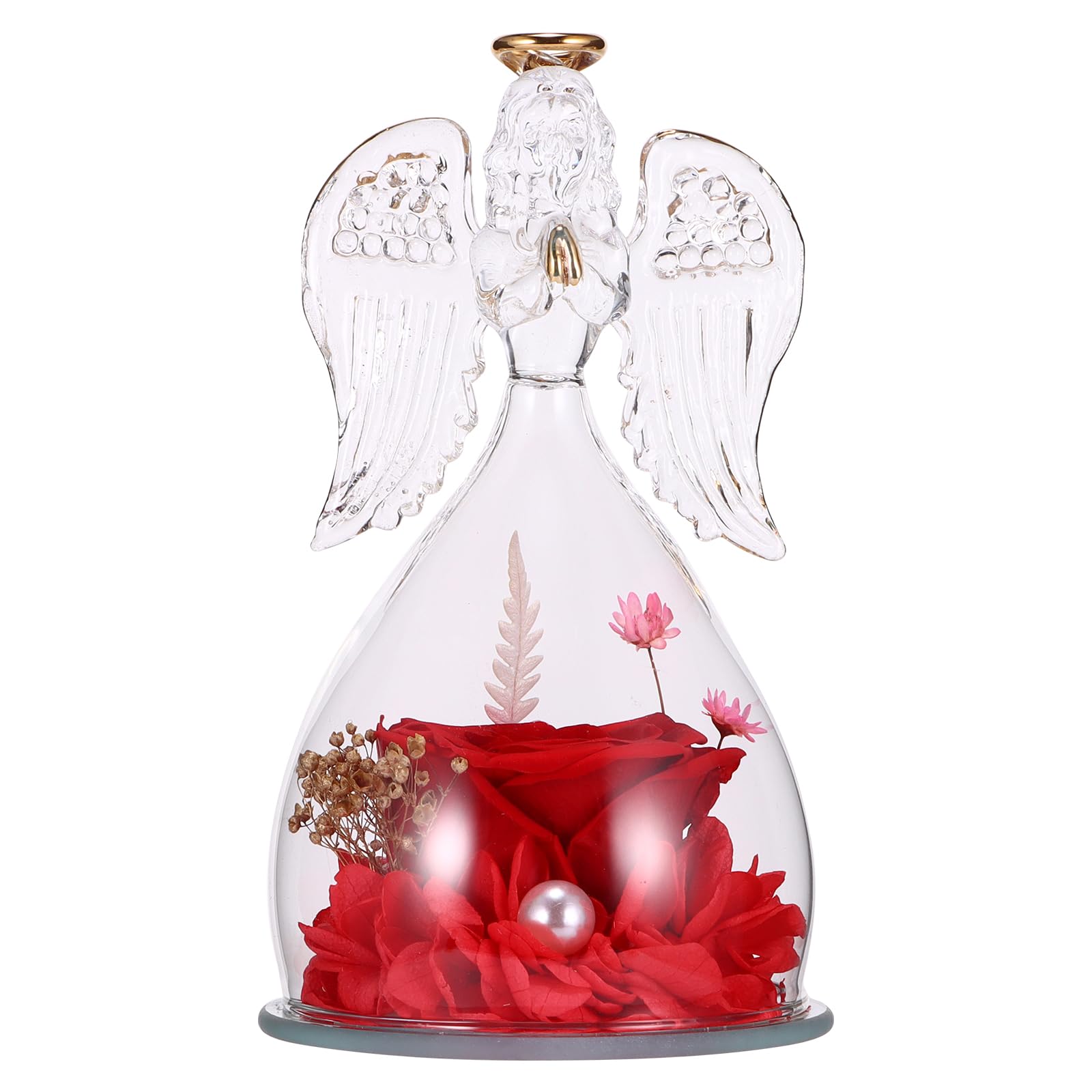 ALLOMN Angel Figurine with Real Rose, Preserved Eternal Rose Flower Gift in Glass with LED Light for Mum, Grandma, Wife, Birthday, Mothers Day, Valentine's Day