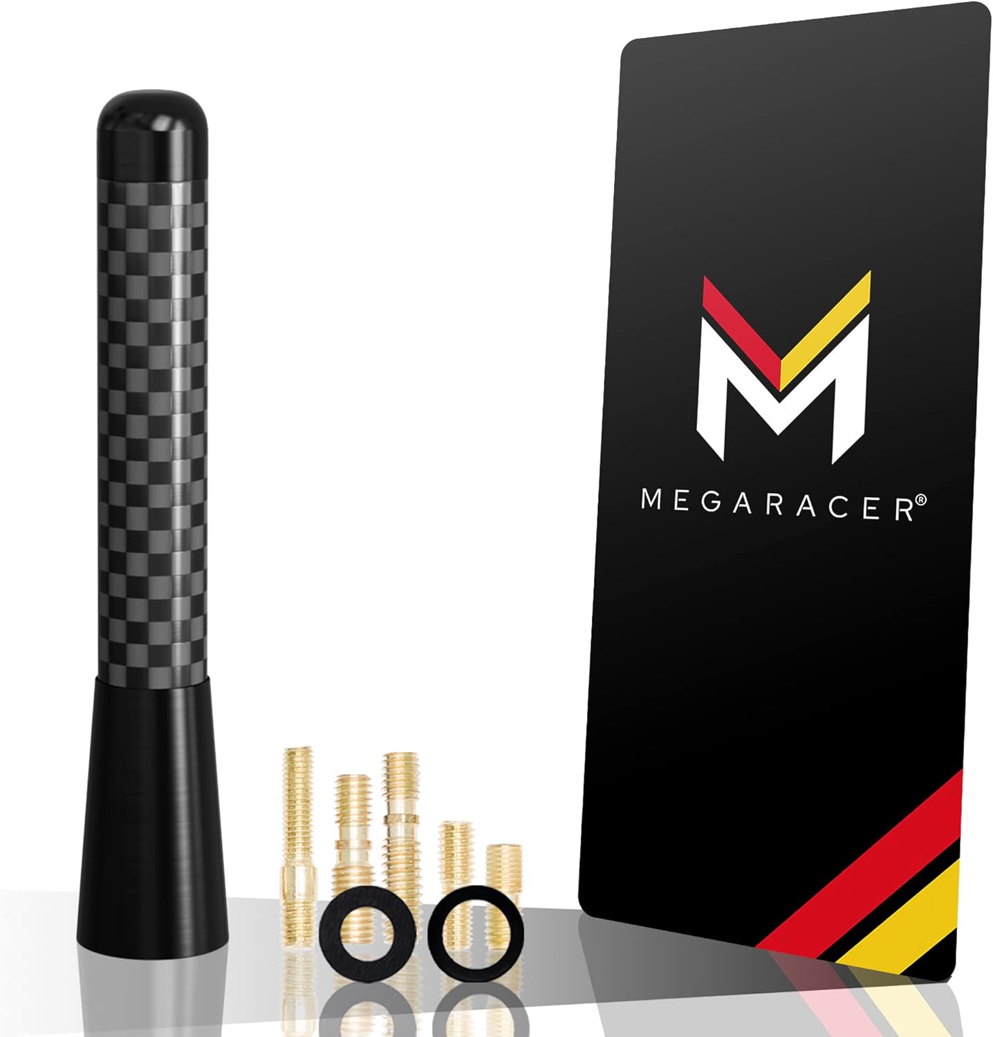 Mega Racer 3" 76 mm Carbon Fiber Polished Finish Black Short Automotive Antenna with Internal Copper Coil AM FM Compatible for Car and Truck Vehicle, 1 Piece