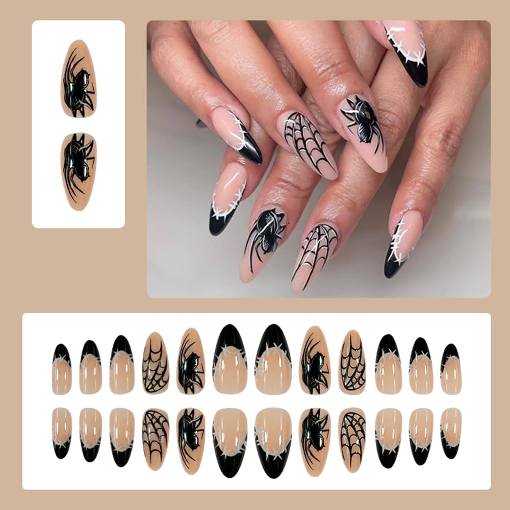 24 Pcs Halloween Nails Medium Press on Nails Almond Fake Nails Black French Tip False Nails with Spider and Spider Web Pattern Designs Full Cover Glue on Nails Acrylic Nails for Women and Girls