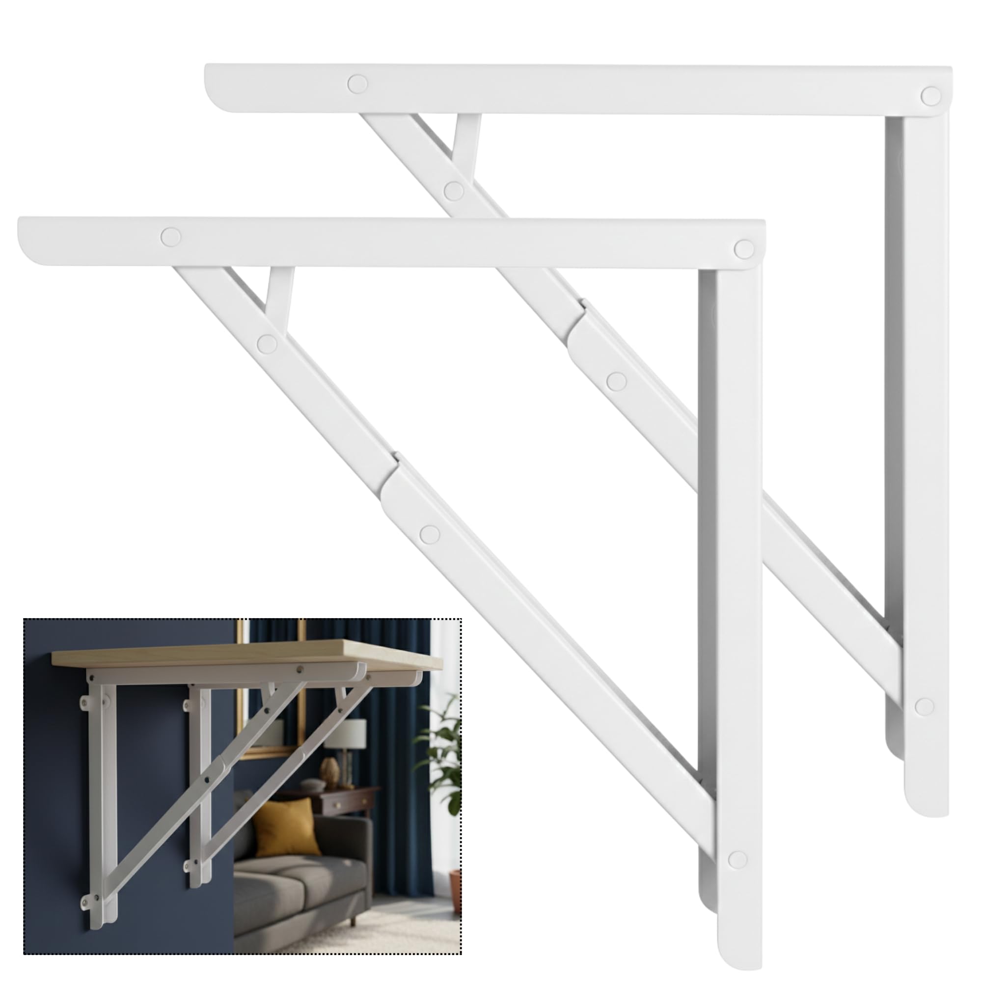 16" Folding Shelf Bracket, 1.2 mm Heavy-Duty(White) Folding Table Bracket, Space-Saving Design, Brackets for Wall Shelves & Workstations, Home & Office Use (Pack of 2)-image-26