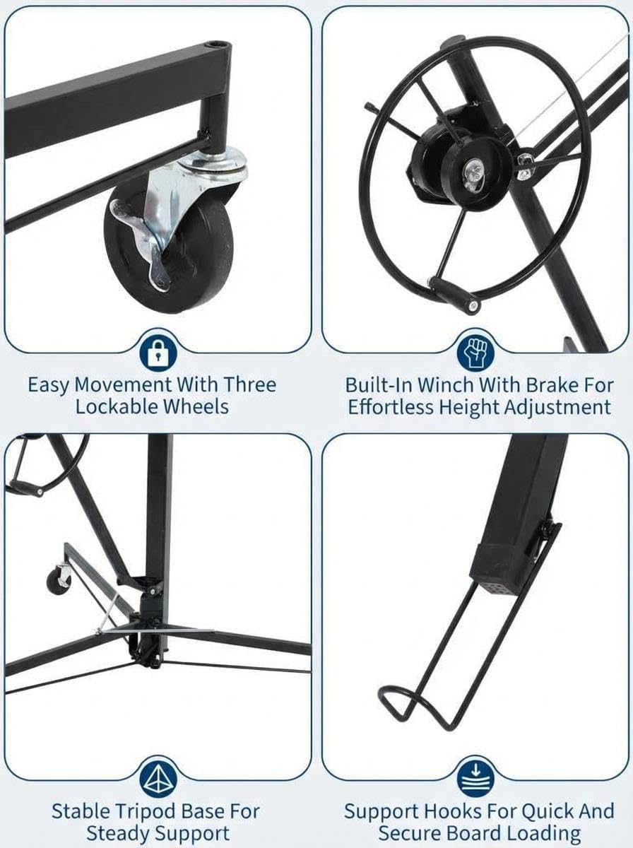 Drywall Lift 11FT, Heavy-Duty 150 lbs Drywall Jack Lift Sheetrock Lift with 360° Adjustable Telescopic Arm & 3 Lockable Wheels, Foldable Drywall Panel Hoist for Ceiling & Wall Installation(Black)