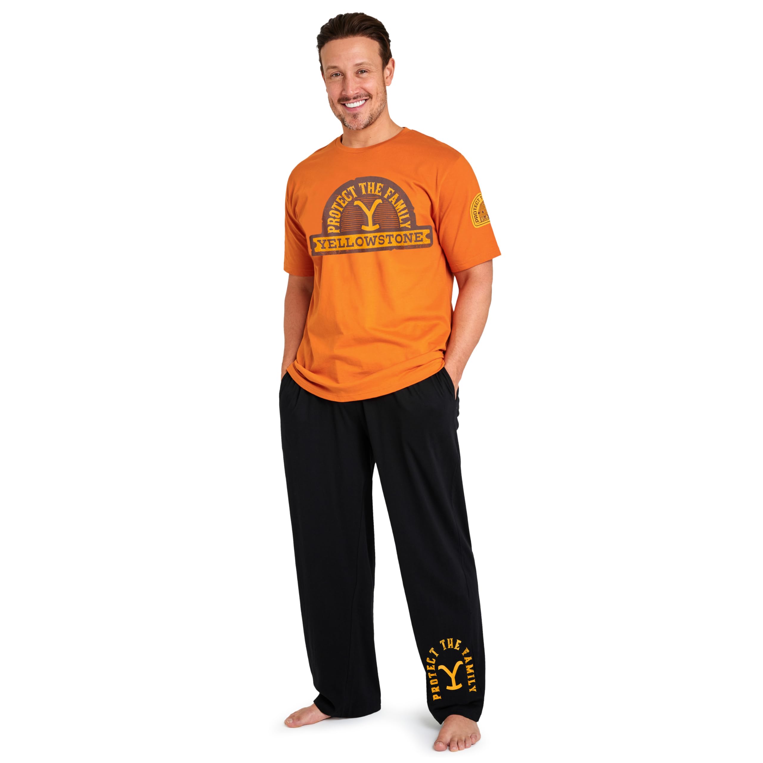Yellowstone Mens Pyjamas Set, Comfortable Cotton Loungewear - Gifts for Him (Orange/Black, 2XL)