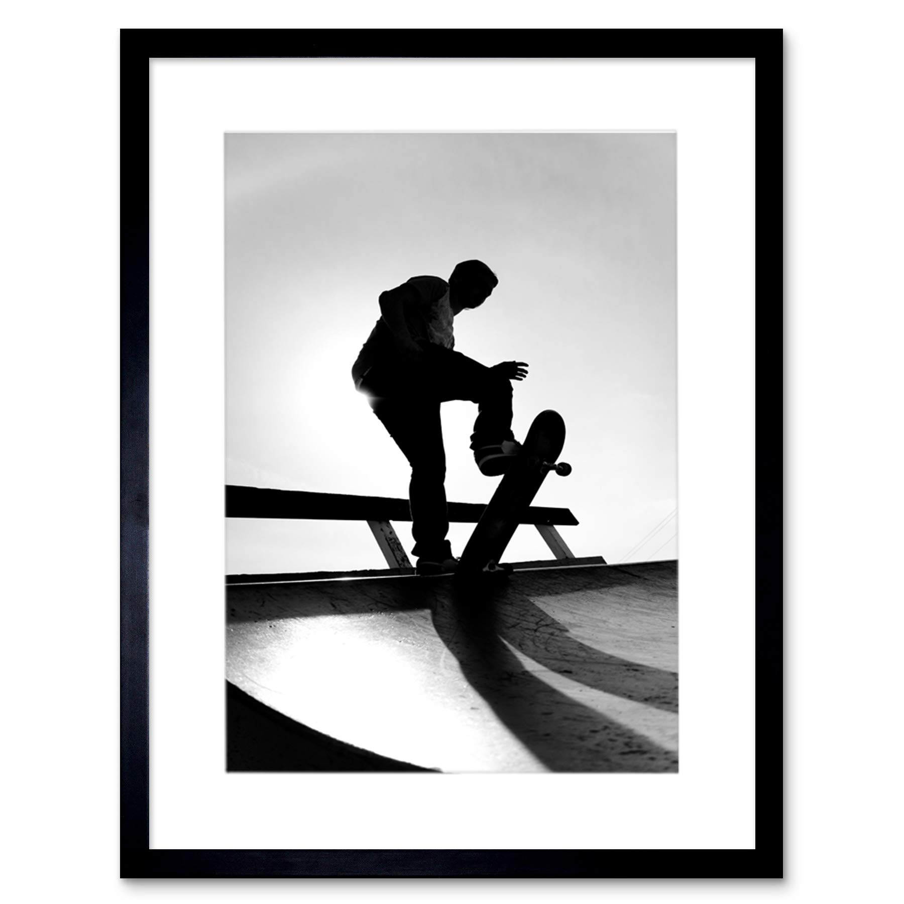 Wee Blue Coo Skateboarding Skater Ramp Silhouette Artwork Framed Wall Art Print 12X16 Inch