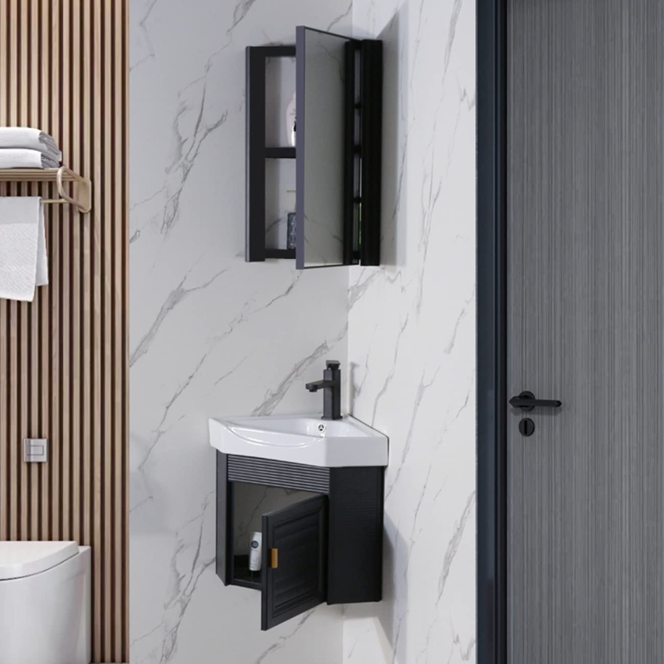 Armadietto angolare da bagno a specchio, triangolare, in alluminio, salvaspazio, da parete, armadietto per WC, soluzione di archiviazione compatta nera (dimensioni: 33 x 33 x 63 cm)