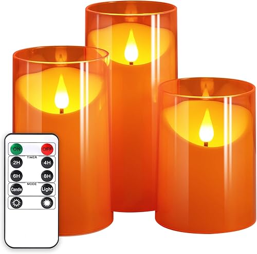 NURADA Velas sin llama naranja vela LED con mecha 3D con temporizadores remotos, velas falsas eléctricas realistas para faroles de calabaza de