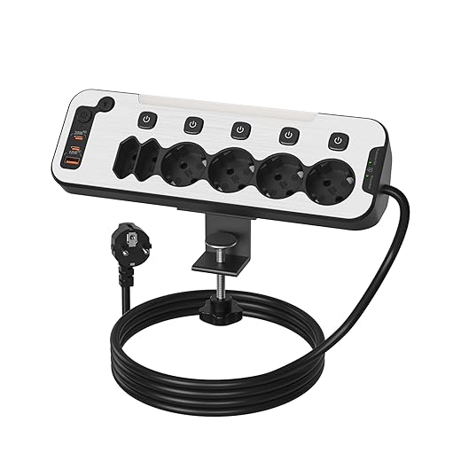 Multipresa da Scrivania,Ciabatta Elettrica con Interruttore,Presa Multipla Salvaspazio da Tavolo USB C PD20W,Multipresa Schuko Protezione Sovratensione,Presa Angolare con Luce Notturna,Cavo 2M,Nero