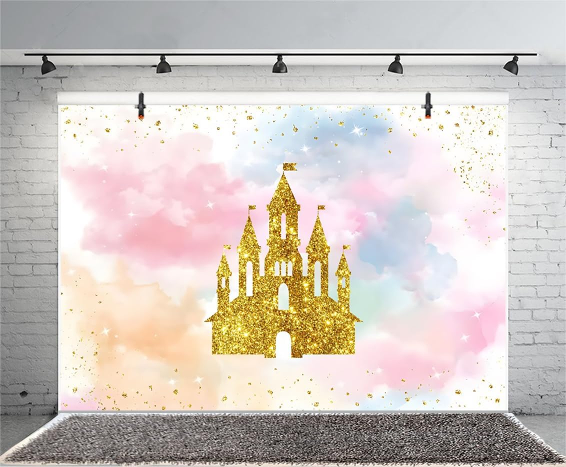 7 x 5フィート プリンセスキャッスルの背景 水彩 パステル レインボー パーティー 写真 背景 おとぎ話 ゴールド キラキラ 城