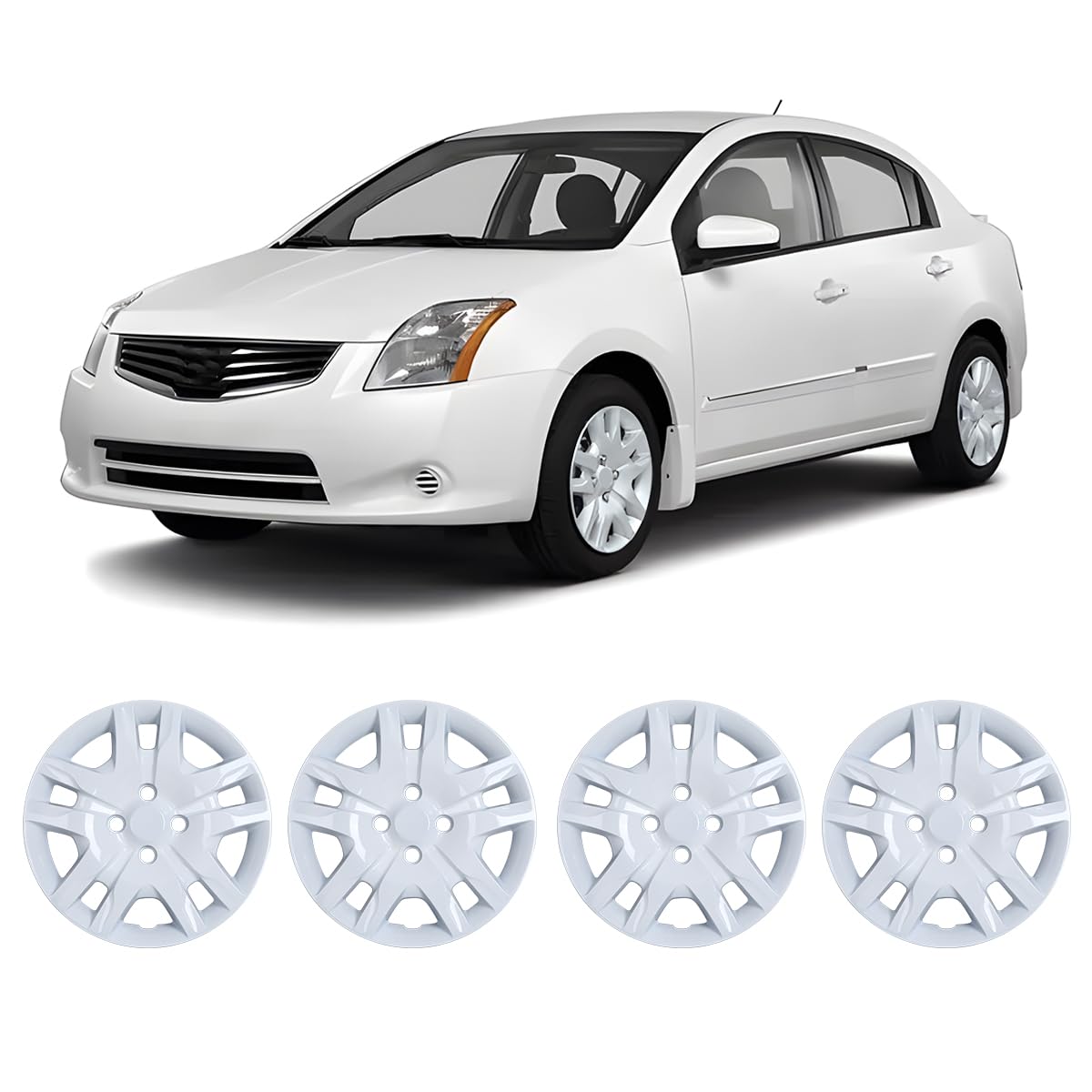 Winjet 16" Hubcaps Wheel Rims Cover for 2007-2012 Nissan Sentra Wheel Rim Covers,Heavy Duty PP Material Snap On Installation (16 Inch Set of 4, White Lacquer)