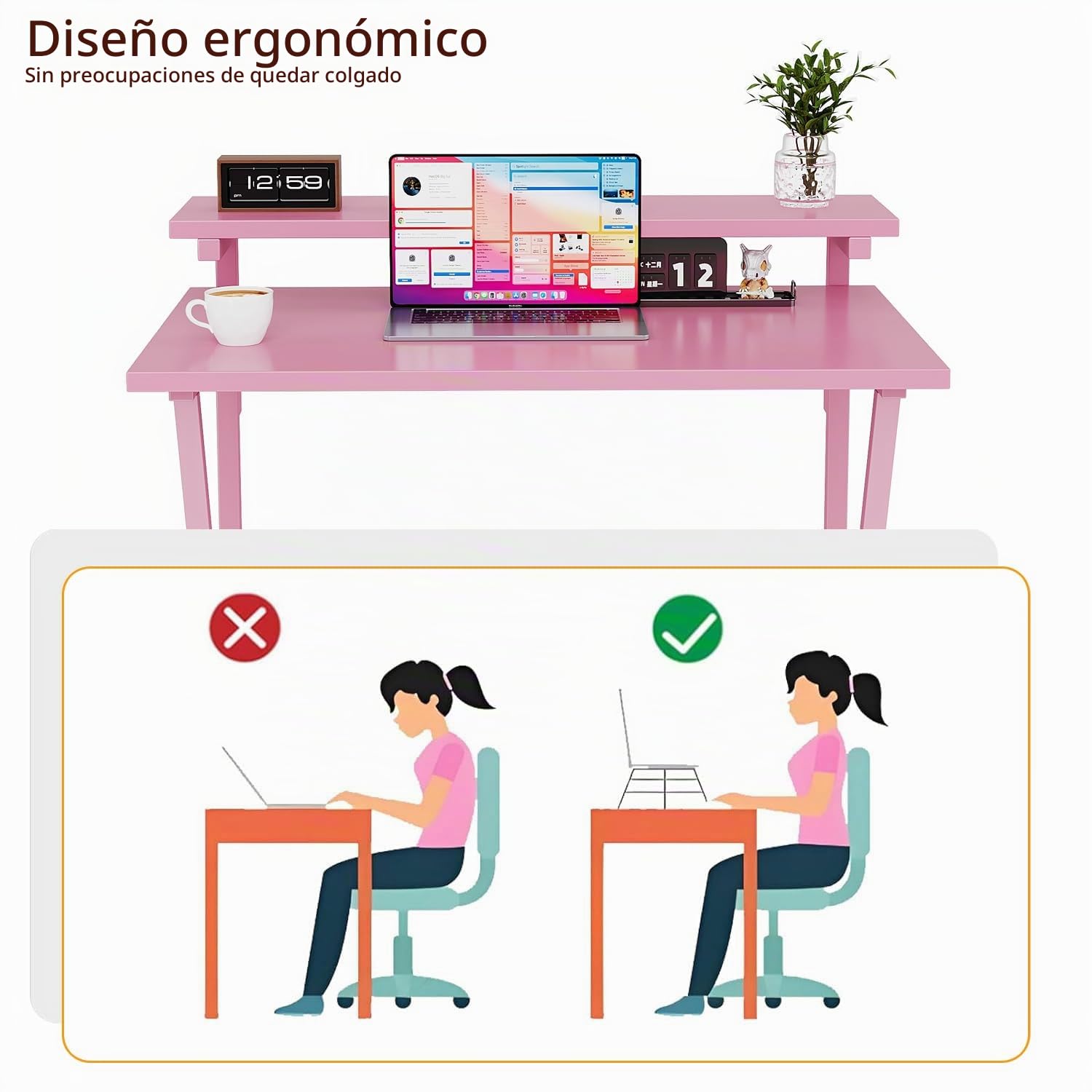 CAIYUN Escritorio Pequeña, 70x48cm Mesa de Estudio de Ordenador con Pies Ajustables Mesa de Escritura de Ordenador para Oficina, Dormitorio, Rosa