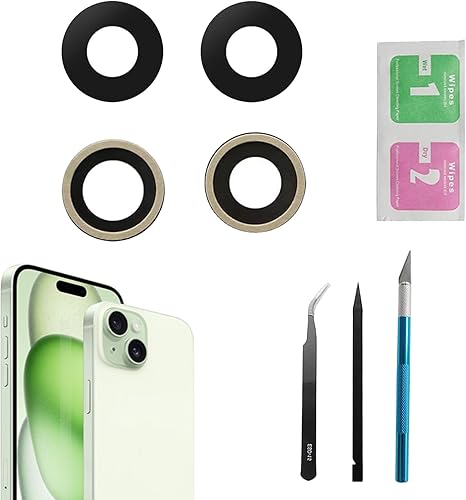 Juego de 2 piezas de repuesto para lente de cámara trasera 15 Plus para iPhone 15, repuesto de vidrio con adhesivo preinstalado + kit de