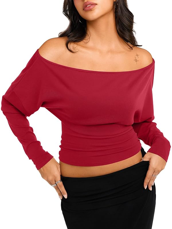 REORIA Women's Off Shoulder Going out Tops Fall Fashion Long Sleeve Shirts by REORIA - Used condition - US$13.49