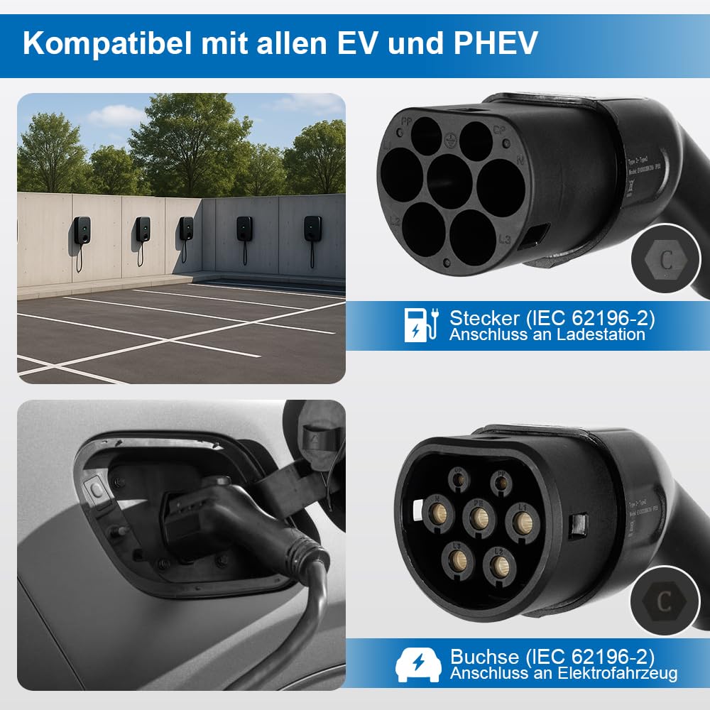 Cable de carga para coche eléctrico (22 kW, tipo 2, 3 fases, 7 m, con TÜV e IP55, para IEC 62196 EV/PHEV)