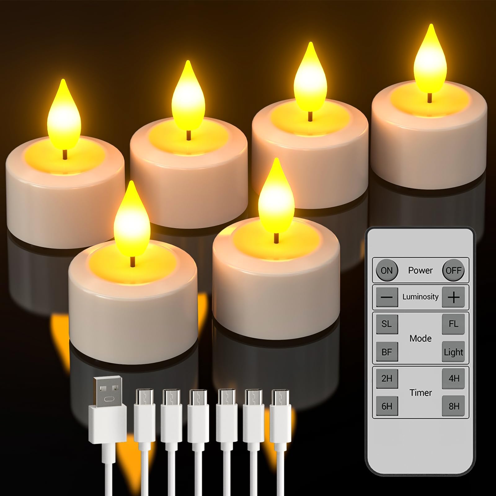 Daphomeu Wiederaufladbar LED Kerzen Mit Ladestation 6 Stück, Flammenlose LED Kerzen Mit Timerfunktion Und Fernbedienung, Batteriebetriebene Kerzen Für Hochzeiten, Partys, Weihnachten, Halloween