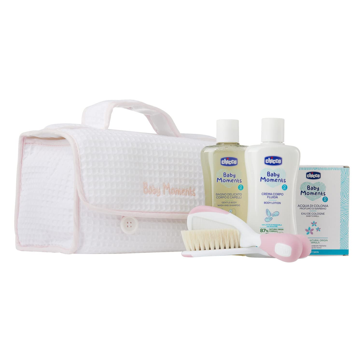 Chicco Geschenkset Baby Moments, Mit Eau de Cologne 100ml, Sanfte Körper- und Haarwäsche 200ml, Körpercreme 200ml, Bürste und Kamm, Alles, was man für das Baden braucht, Rosa, 0 Monate+