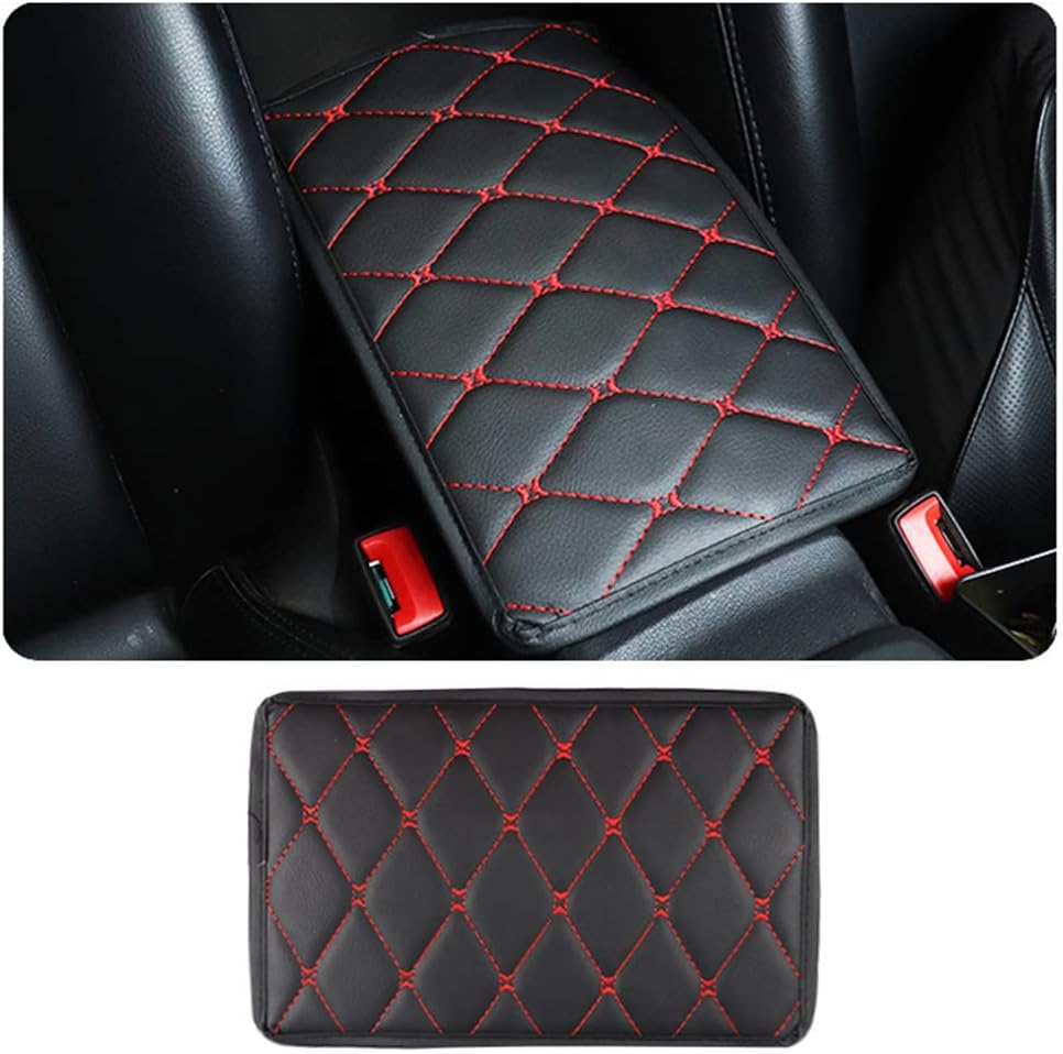 Center Console Cover,Soft Comfortable PU Leather Car Armrest Cushion,Waterproof and Anti-scratch Armrest Seat Box Cover Profector,Car Interior Accessories Universal For SUV/Truck/Vehicle (Black/Red)