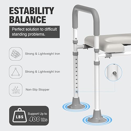 Miniatura 5 de Asiento de inodoro elevado con asas elevadores de asistencia de inodoro ajustables para personas mayores, soporte de asiento de inodoro elevado de