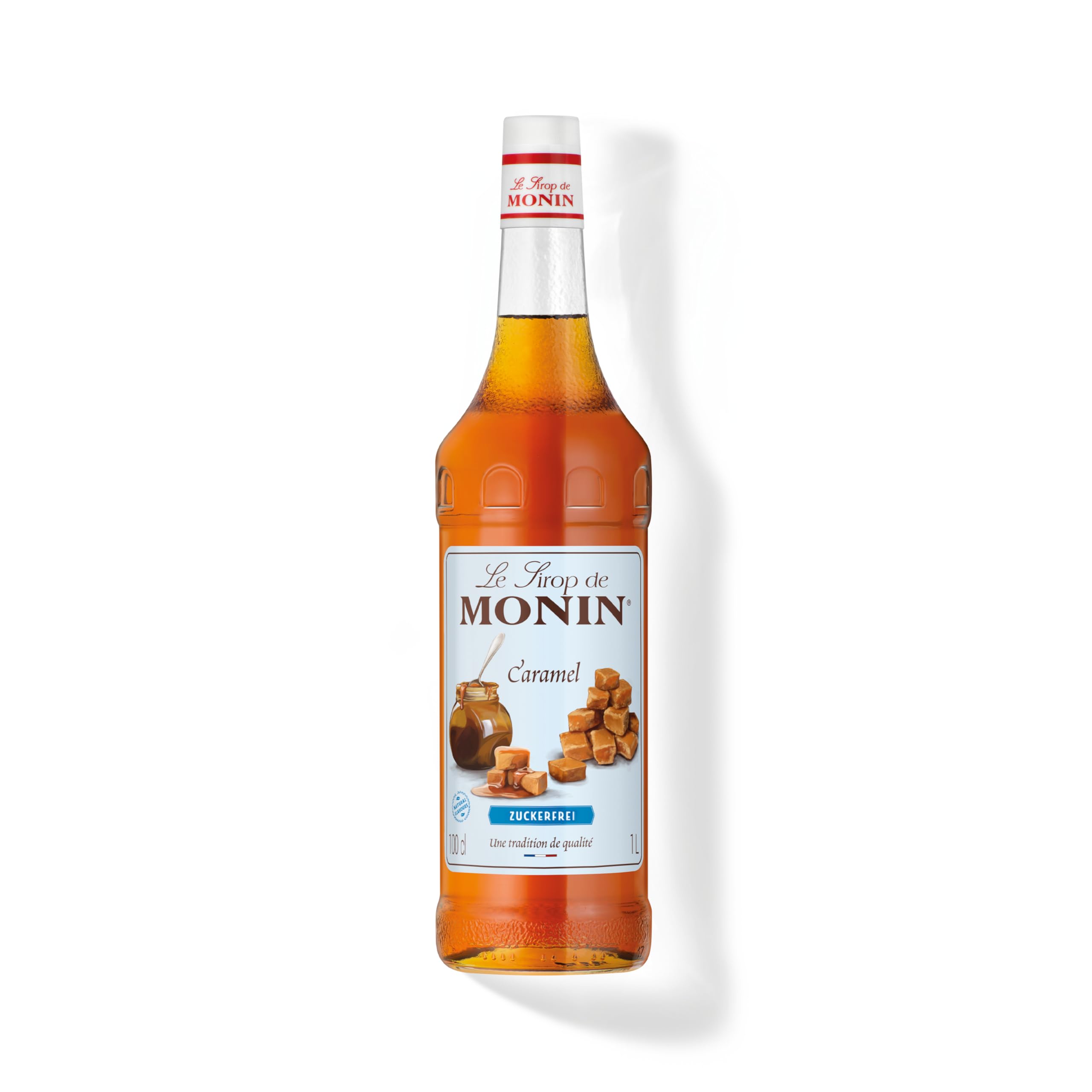 Monin Sirup Karamell Zuckerfrei (1 x 1,0l) - kalorienarmer Geschmack für Kaffee, Desserts und Cocktails - ohne Zucker