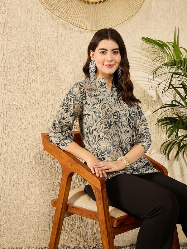 Image of Vaamsi Women's Blue Silk Blend Floral Printed Top | Western Tops for Women