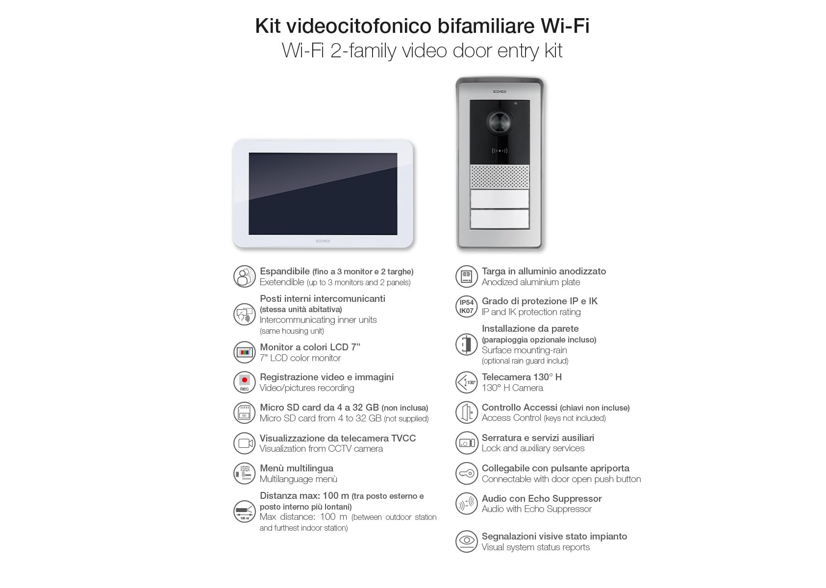 VIMAR K42936 Videosprechenalagen-Set enthält Freisprech-Touchscreen-Videohaustelefon LCD 7in, 2-Taste RFID-Klingeltableau mit Regenschutz, DIN Netzgerät, 2 Familien