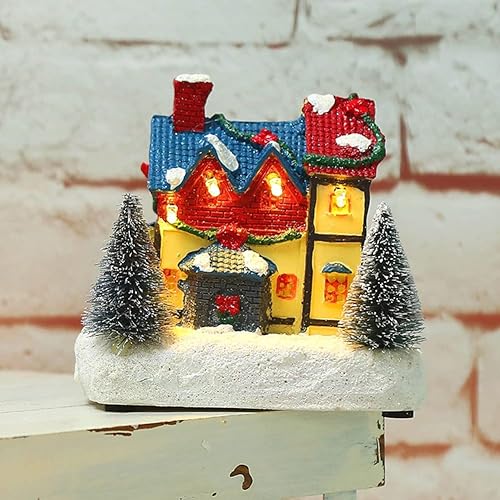 Miniatura 8 de Casa de pueblo de Navidad con luces, figuras de resina con iluminación LED Casas de pueblo de Navidad con árbol de Navidad  Escena de nieve Ciudad
