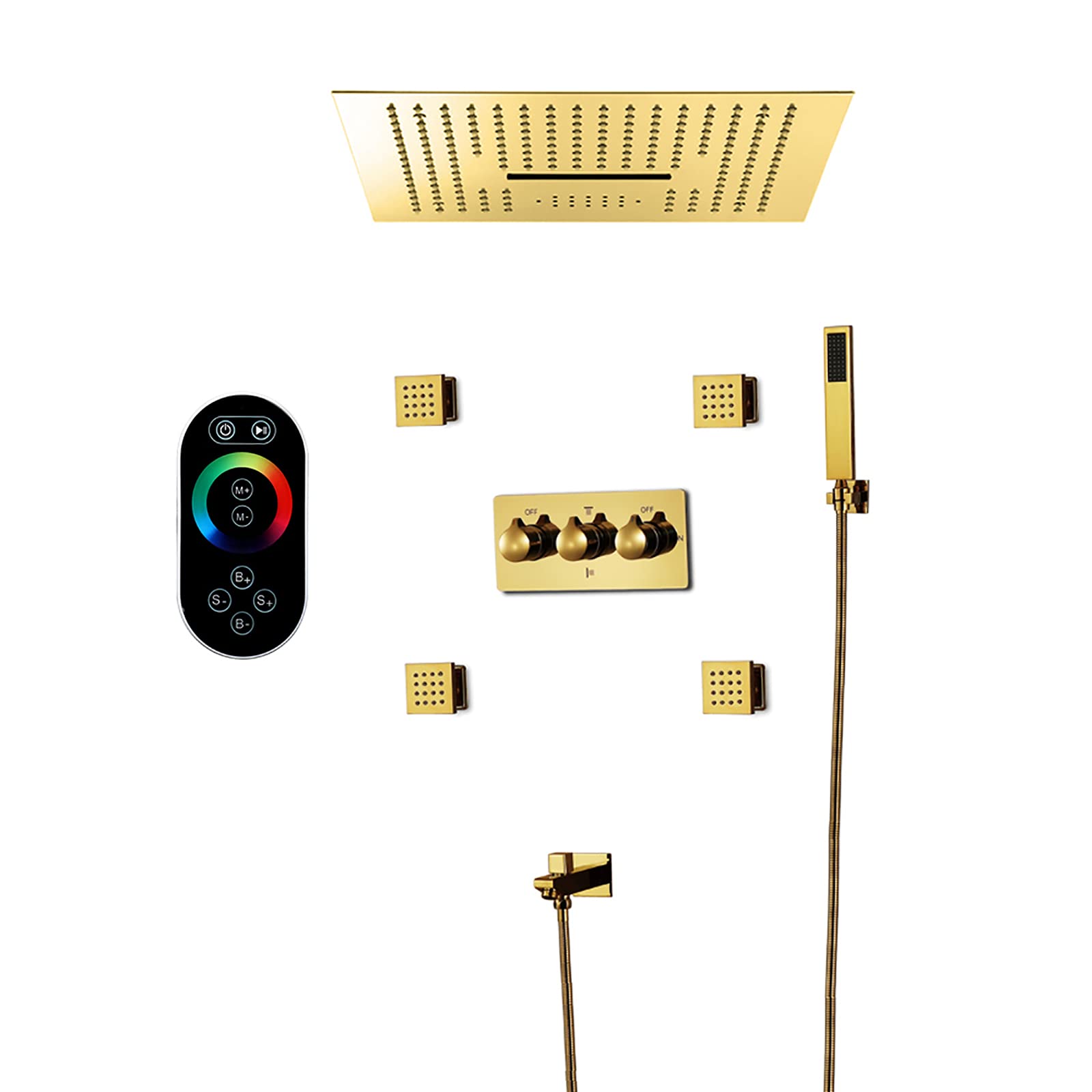 Music Shower System LED RGB Remote Control Shower Faucet Set Ceiling Mounted Shower Combo Set with Handheld Sprayer and 16'' Rain Shower Head, Tub Spout, Body Jets,Titanium gold