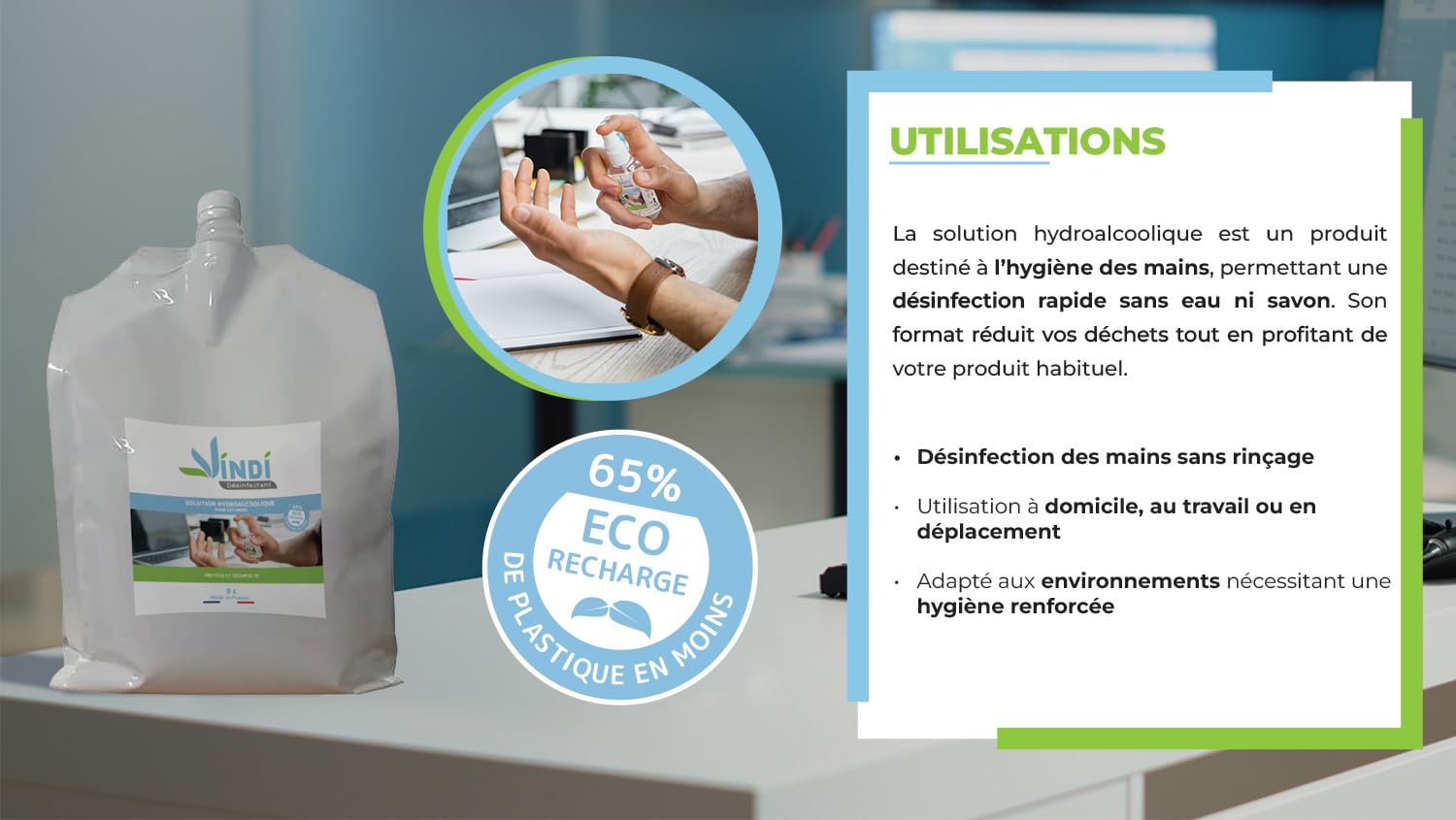 Vindi Désinfectant solution hydroalcoolique - Bidon-écorecharge de 5L - Fabrication Française - 76% d'alcool - Désinfection des mains et des surfaces - Virucide