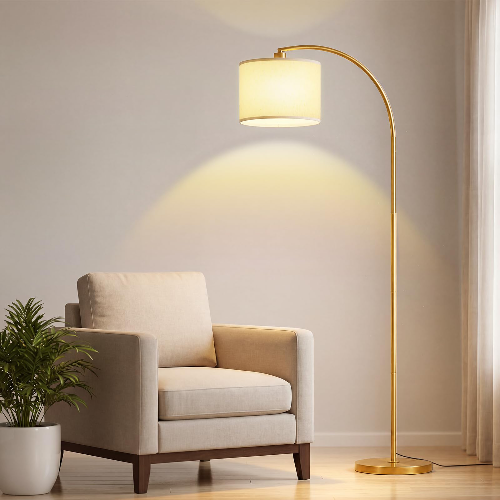 Lampada Da Terra Ad Arco 157 cm, Testa Orientabile, E27, Oro | Paralume in lino, lampadina LED 12W a 3 tonalità inclusa, interruttore a pedale, base stabile in metallo