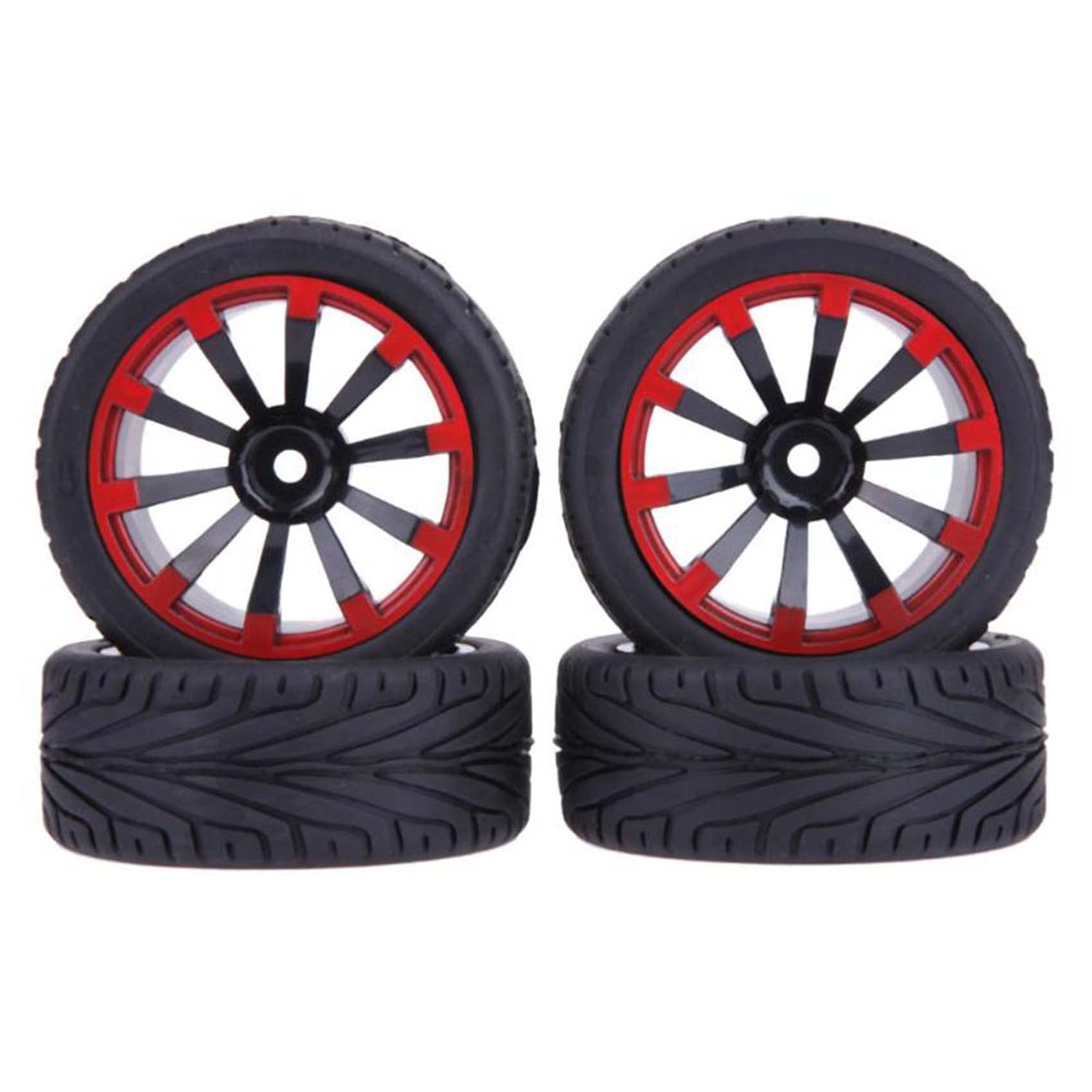 KEEDA 4PCS 1:10 RC 65mm Tires and Plastic Wheels Rims for 1/10 HSP HPI Tamiya RC On Road Touring Racing Drift Car (Black&Red)