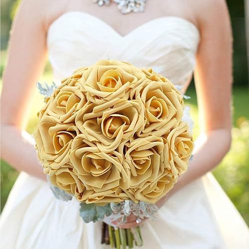 Miniatura 5 de Flores artificiales, 25 unidades, rosas falsas de espuma dorada de aspecto real con tallos para ramos de boda, centros de mesa de despedida de