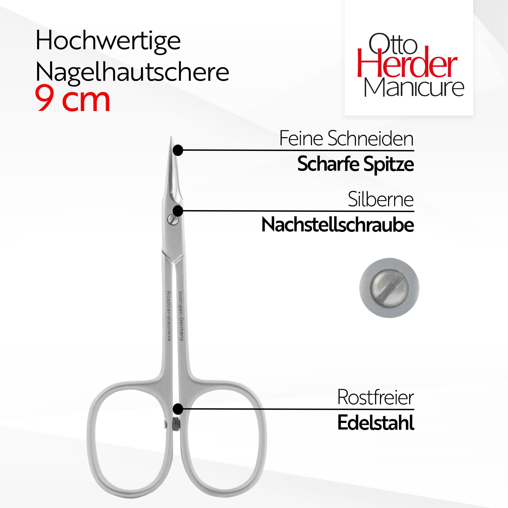 OTTO HERDER Tijeras para cutículas extrafinas de 9 cm de Solingen, tijeras para cutículas extraafiladas, punta de torre de acero inoxidable, para eliminar las cutículas muertas, para uñas de las manos