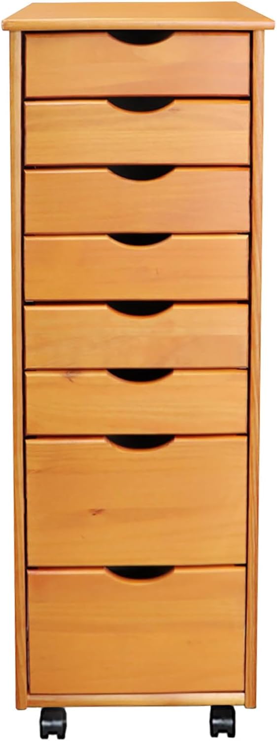 Jela-USA Solid Pine Wood 8 Drawer Rolling Cart, Honey Pine
