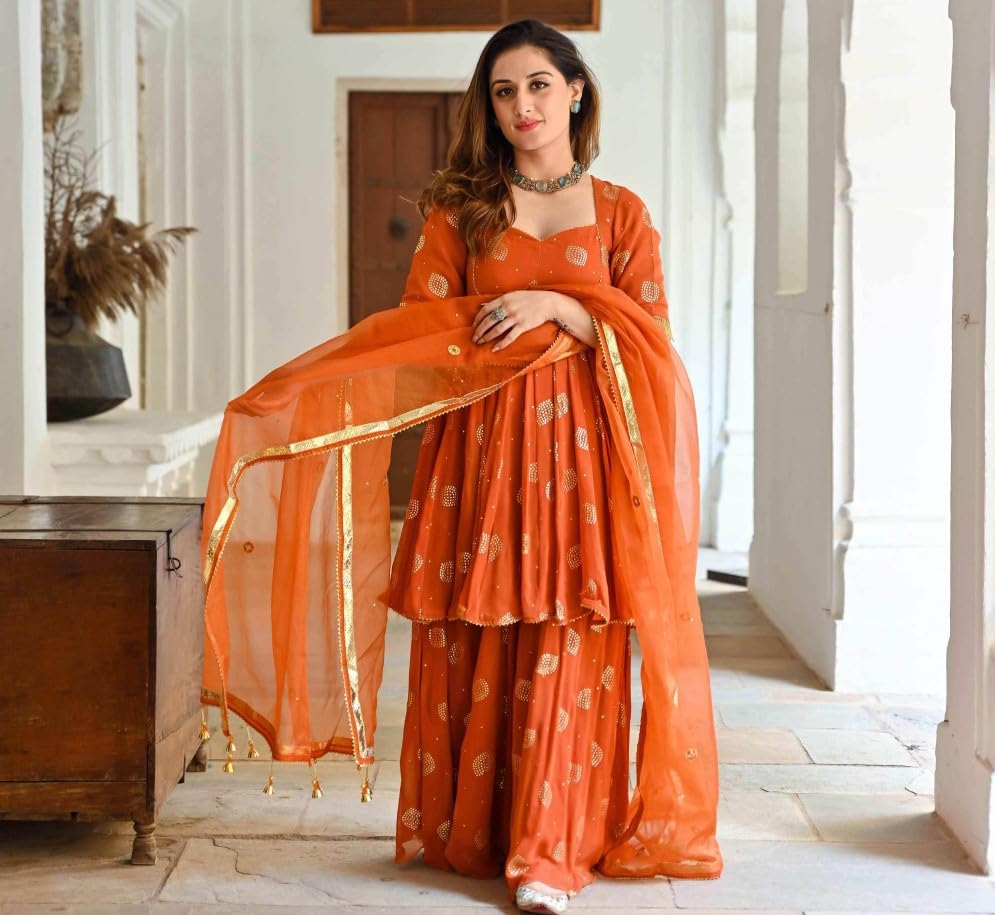 Image of ETISHA Women's Cotton Blend Gold Printed Kurta Sharara with Chiffon Dupatta Set