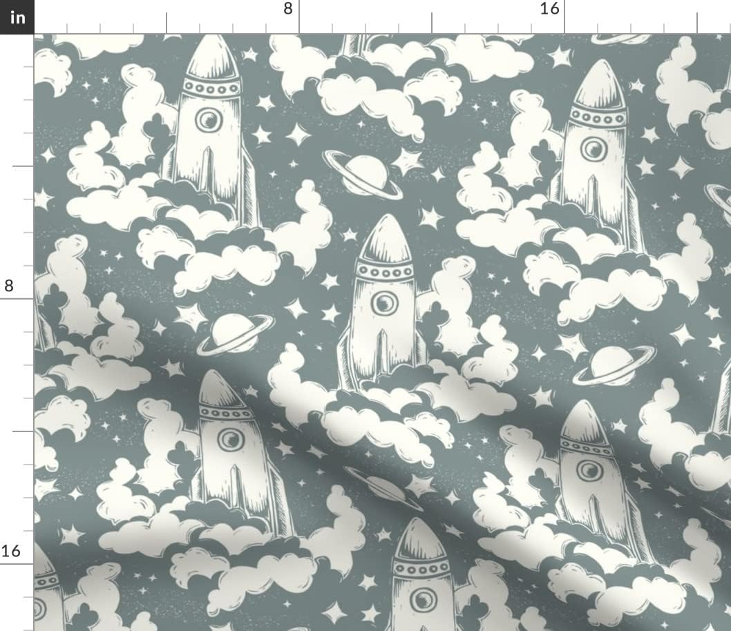 Spoonflower Fabric - Blast Off Moon Planets Stars Space Galaxy Sky Rocket Ship Night Teal Printed on Petal Signature Cotton Fabric Fat Quarter - Sewing Quilting Apparel Crafts Decor