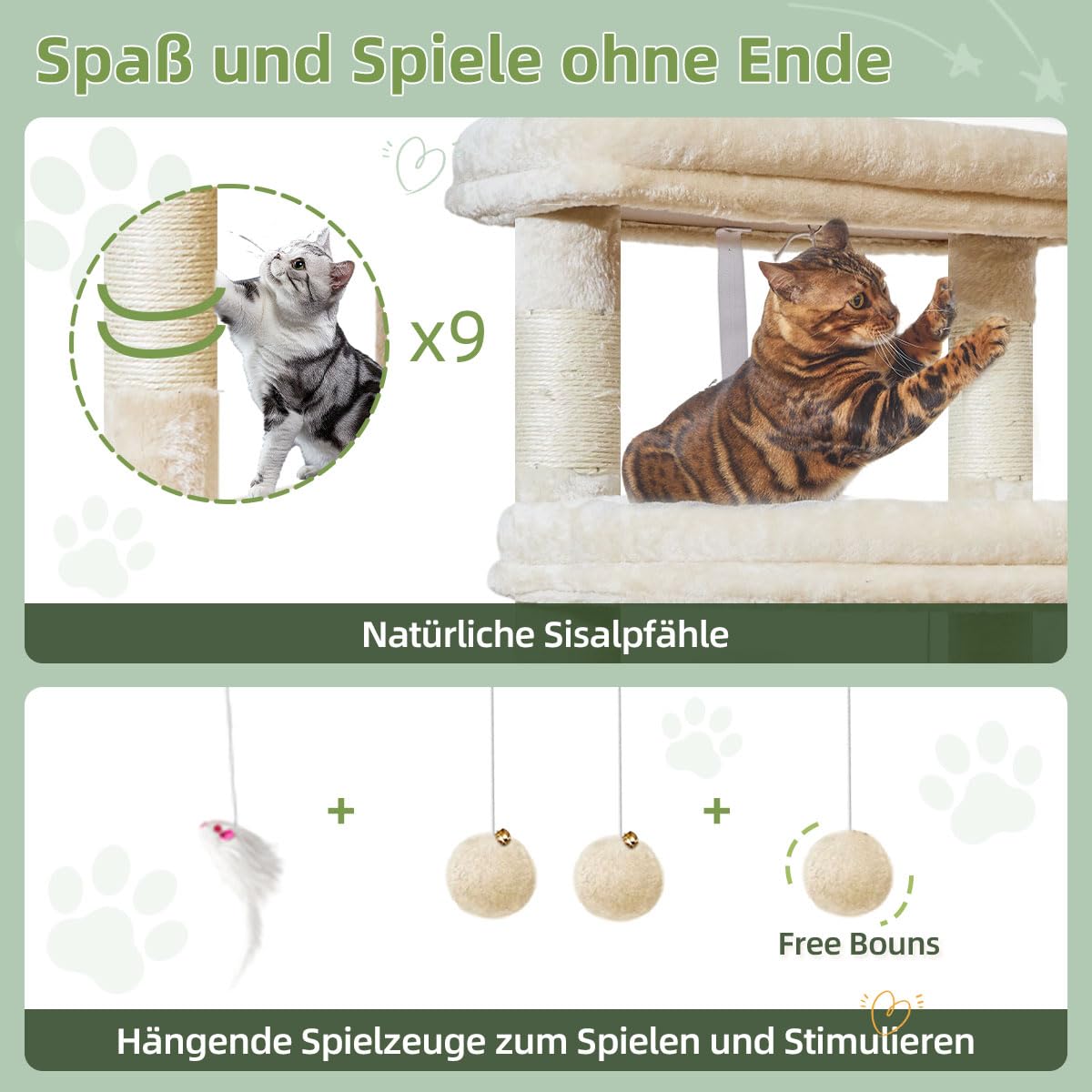 Taoqimiao 180CM Kratzbaum Groß XXL, Katzenbaum Grosse Katzen Stabil kratzbaum Maine Coon mit Katzenhaus, Hängematte, Große Plattform 9 Kratzsäulen, Korb, MS034M Beige