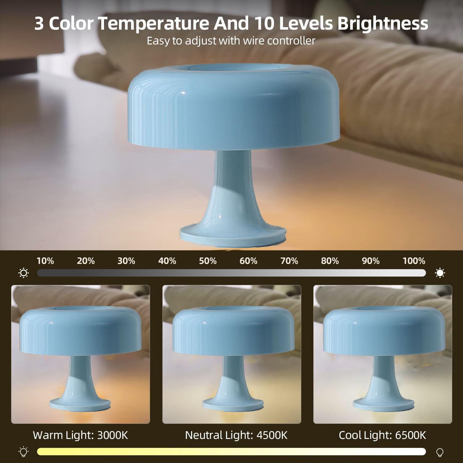 Lámpara LED con Forma de Seta Regulable Iluminación Interior Luz de Mesa con Enchufe USB y Cable Luz de Mesita de Noche Interior 3 Temperaturas de Color 3000K-6000K Iluminación Moderna,Azul