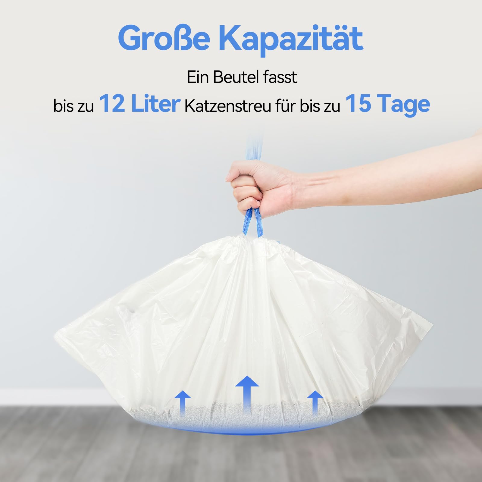 Amicura 45 Stück Mülltüten mit Tragegriff Selbstreinigende Katzentoilette Müllbeutel Katzentoilettenbeutel mit Zugbändern Biologisch Abbaubar Langlebige Reißfest Flüssigkeitsdicht - 3 Rollen
