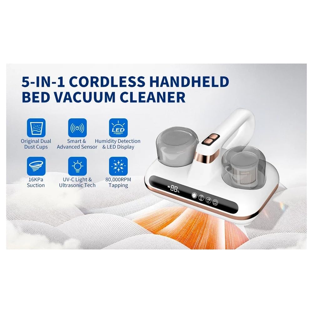 Osmond Eliminador de Ácaros UV, Aspirador de Colchones Inalámbrico de Mano, Potente Succión para Limpiar la Cama, Las Almohadas, la Ropa y El Sofá