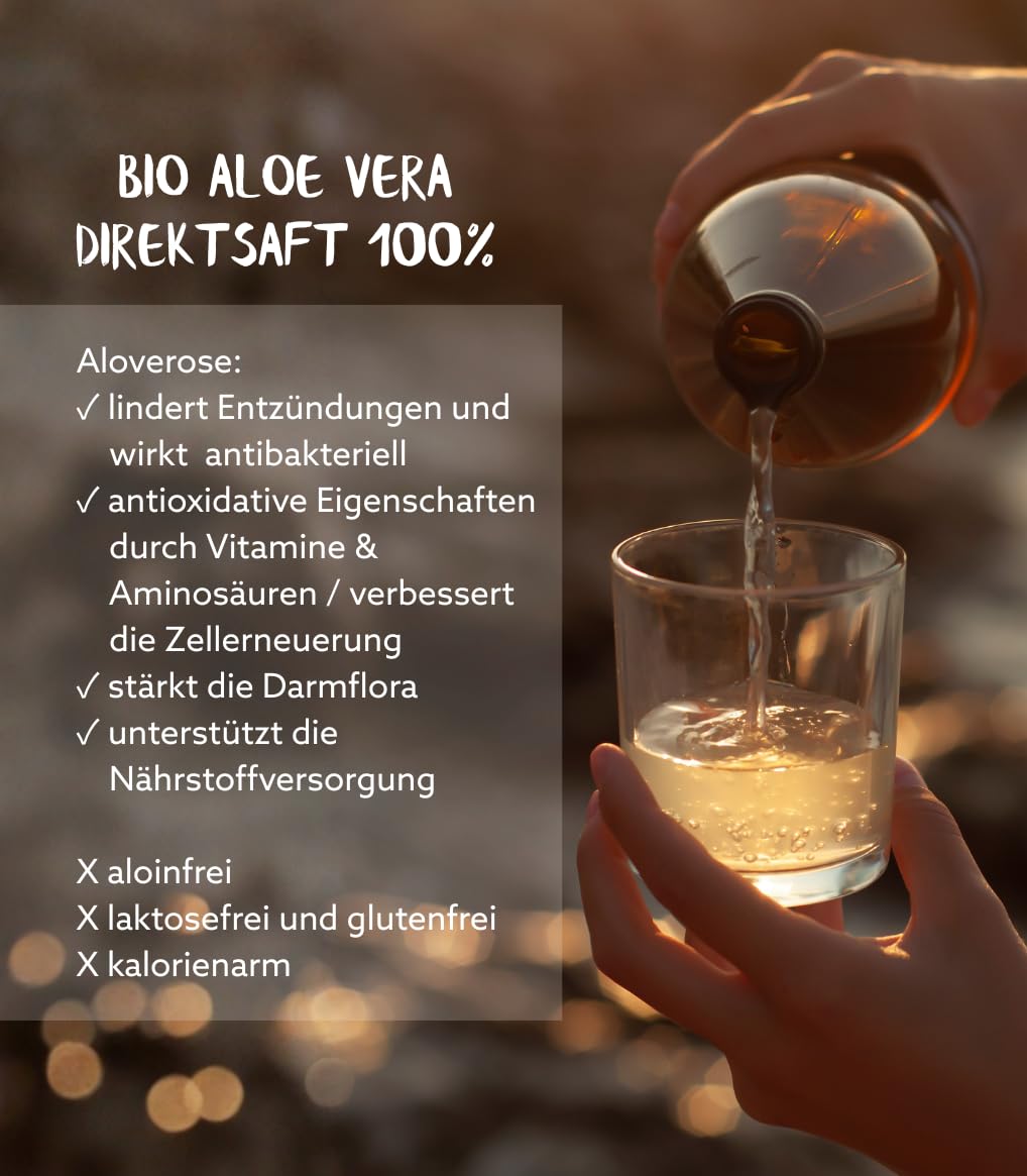 Aloe Vera Saft, 100% BIO Direktsaft, garantierte Aloverose: 1200mg/Liter, 6 x 1 Liter, nachhaltiger Anbau durch Familienbetrieb, Braunglas, Vegan, DE-ÖKO-005