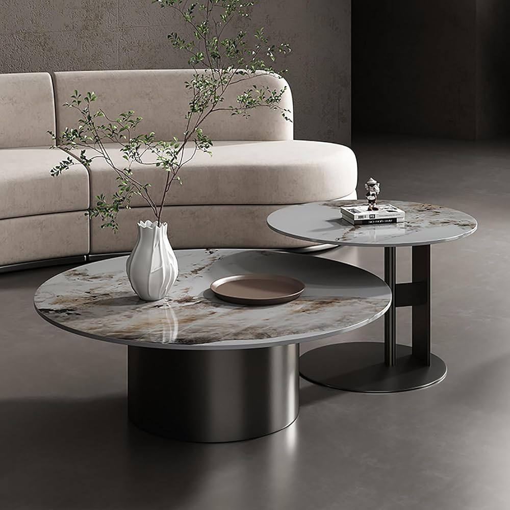 Juego de Mesa de café de anidamiento Redondo 2, Marco de Metal Negro Superior de Piedra sinterizado, mesas auxiliares de Ahorro de Espacio para la Oficina de apartamento de la Sala de Estar