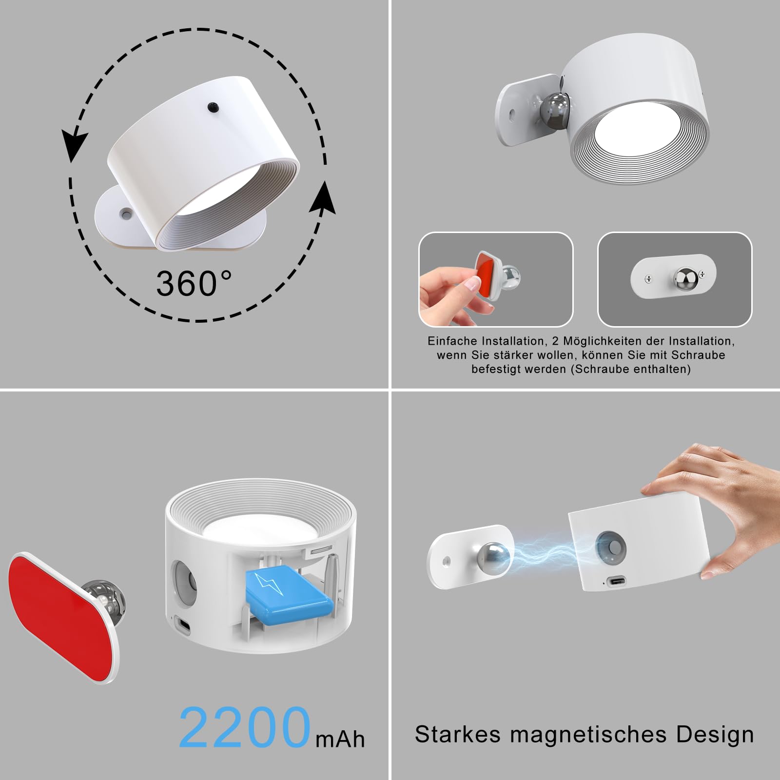 Lámpara de pared con mando a distancia, regulable, con batería con puerto de carga USB, para salón, dormitorio, color blanco, 3 unidades