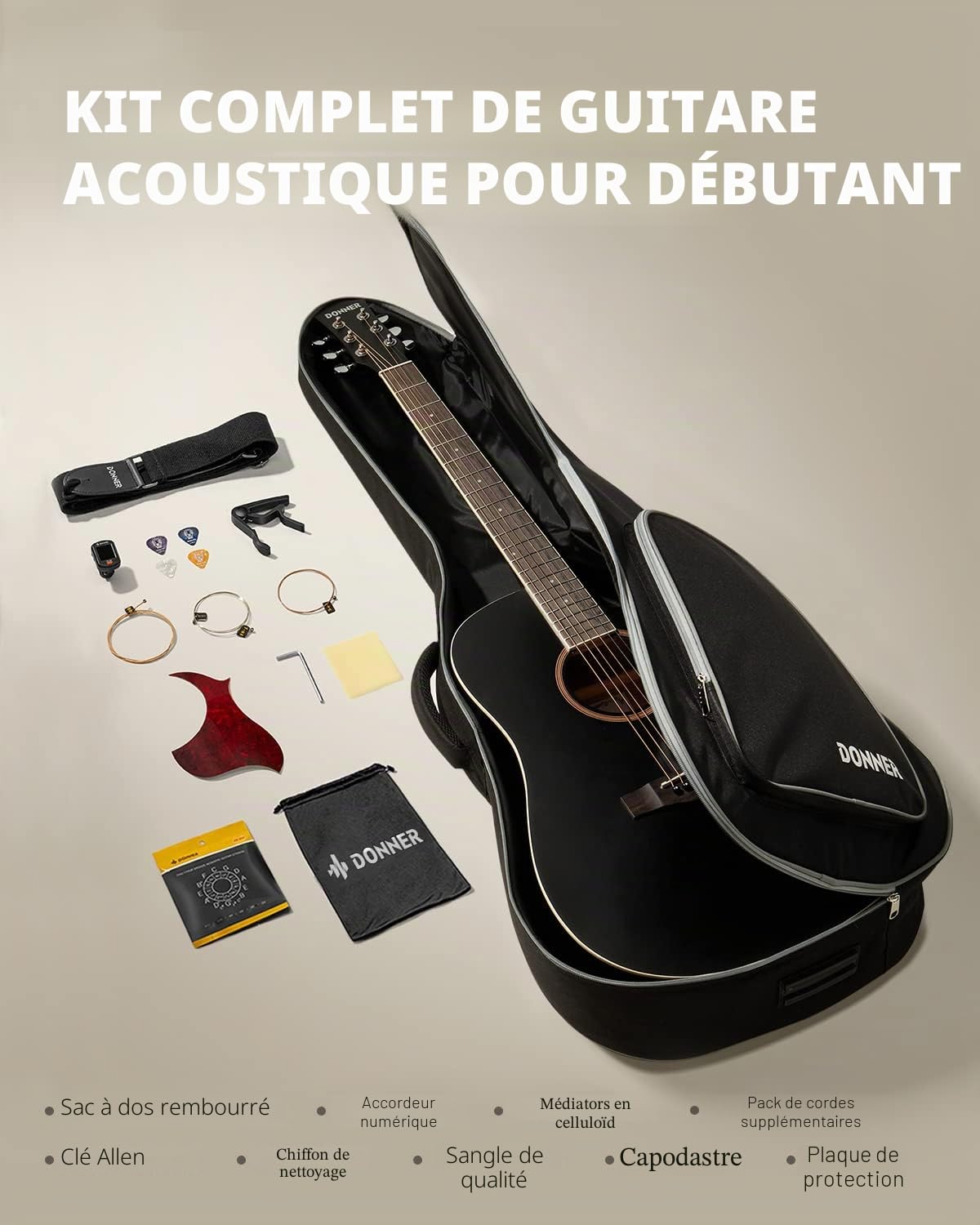 Donner Guitare Acoustique 4/4 Guitare Folk 41 Pouces pour Adultes Débutant Guitare Cutaway Kit avec Accordeur Corde Sac (Noir）