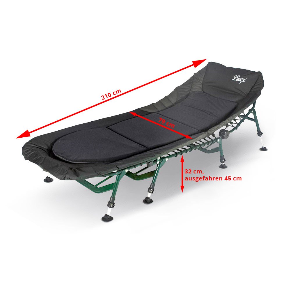 Lucx Komfort Bedchair - 8-Bein Angelliege mit Matratze & Thermobezug - stabile, höhenverstellbare Karpfenliege 210x85 cm - Gartenliege & Campingliege inkl. Kopfkissen