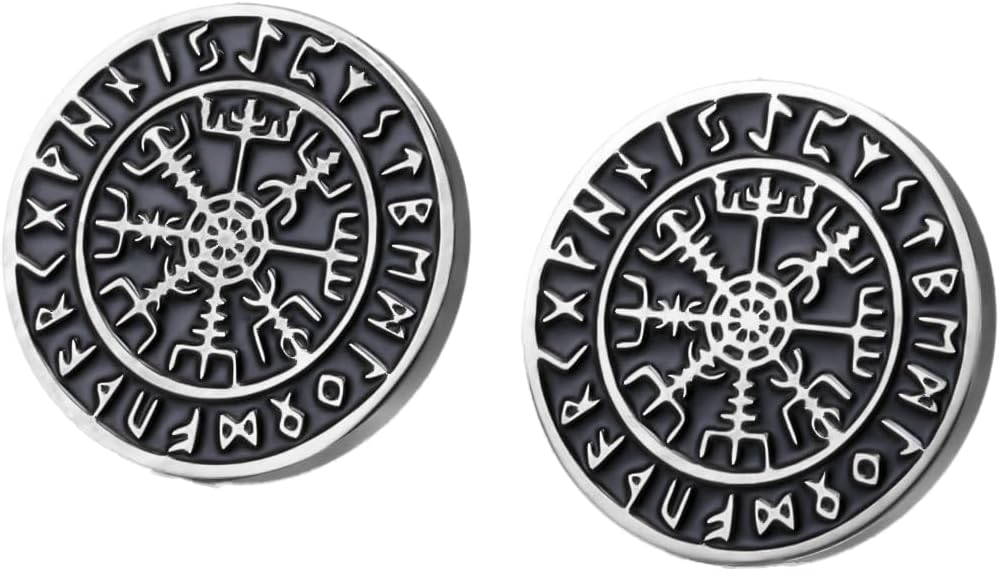 LIKGREAT Viking Compass Stud Earrings Stainless Steel Norse Rune Vegvisir Punk Stud Earrings Nordic Protection Symbol Mystic Viking Jewelry For Women Men
