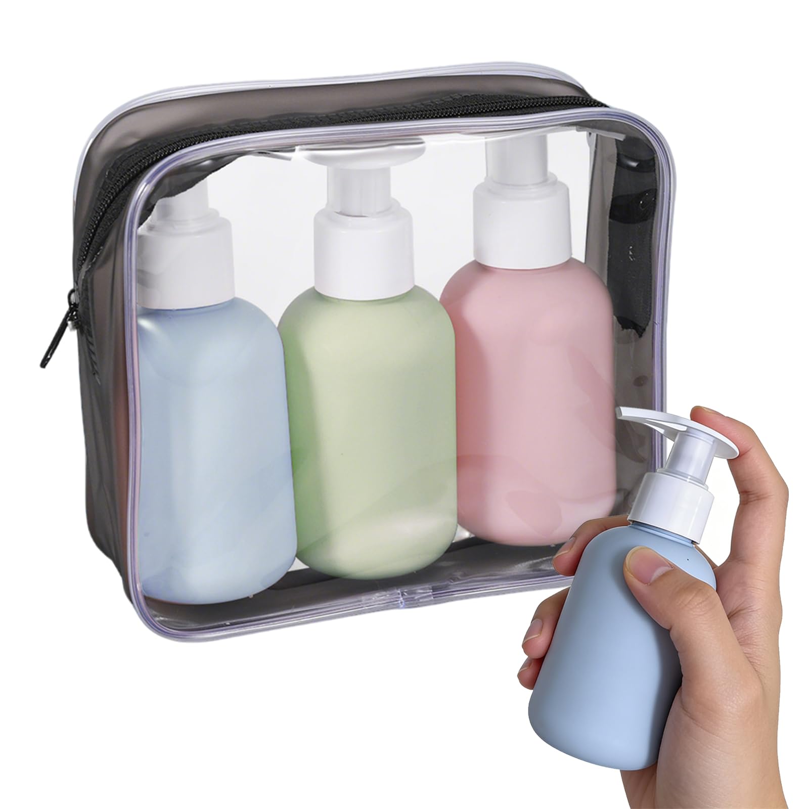 3 Pièces 100ml Flacon Voyage, Kit Voyage Toilette Réutilisable, Flacon Vide Pompe, Flacon de Voyage Pas Facile à Fuir pour Shampoing Gel Douche Lotion