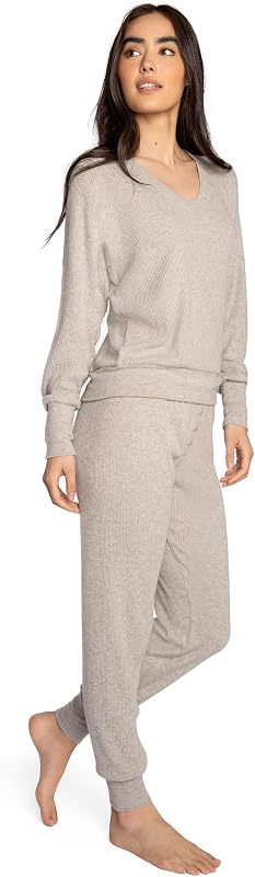 PJ Salvage Women's Textured Essentials Relaxed Fit Long Sleeve V-neck Top and Pant Bottom Pajamas 2-piece Set