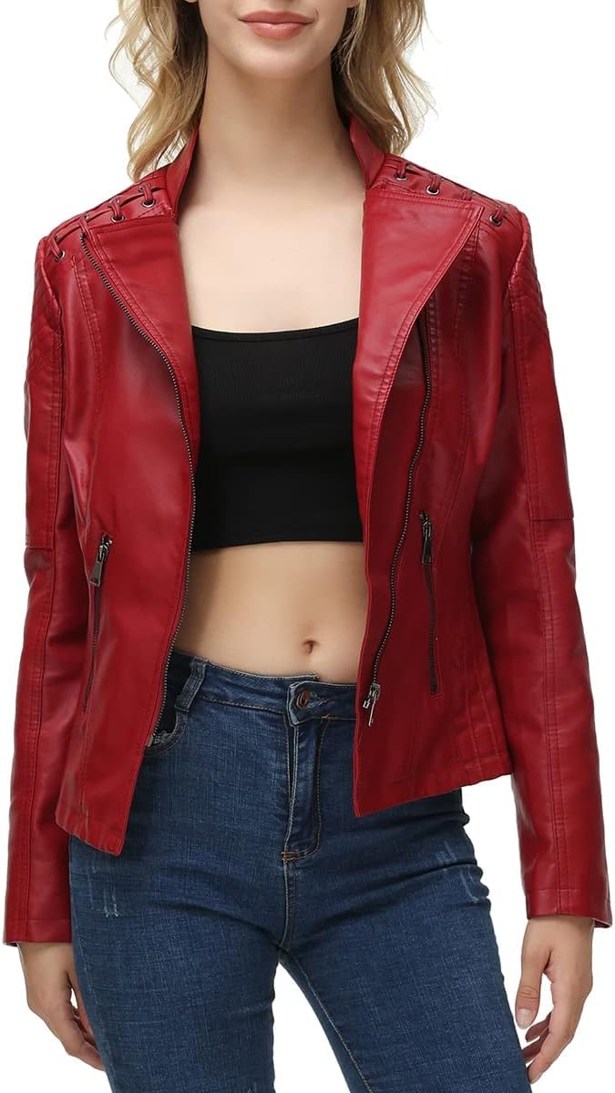 MODFUL Women's Faux Leather Moto Jacket Casual Short Solid Color PU Biker Coat with Pockets - Image 2