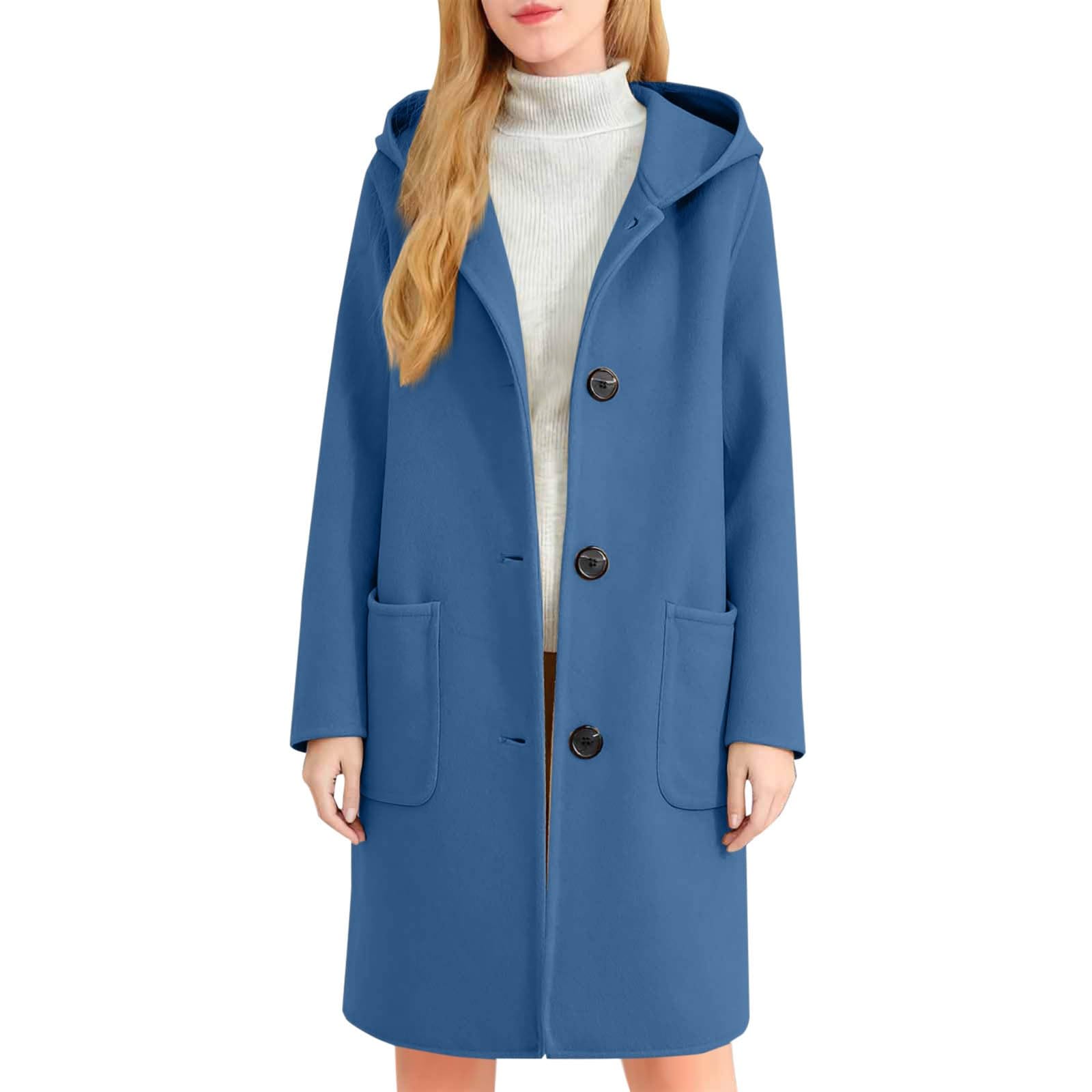 Generisch Wintermantel Damen Lang Warm Elegante Mit Kapuze Taschen Und Knöpfen Winterjacke Mittellang Herbst Übergangsjacke Gefütterte Wollmantel Freizeitjacke Mode Outdoorjacke