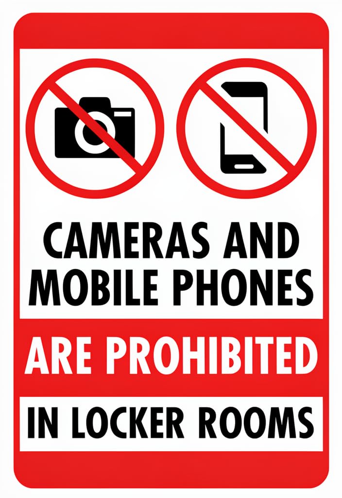 peiyeety Cameras & Mobile Phones Prohibited Tin Sign 12x8 Inch, Red/White Metal Warning Notice Plaque for Locker Rooms, Gym, Pool, School, Workplace Privacy Security Wall Door Decor